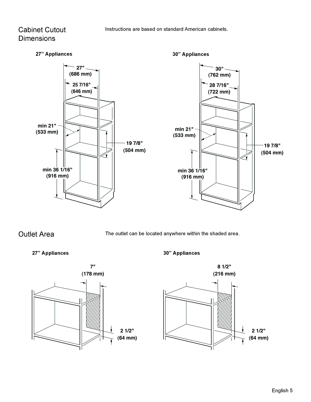 Thermador MCT30E, MCT27E Cabinet Cutout Dimensions, Appliances, Outlet can be located anywhere within the shaded area 