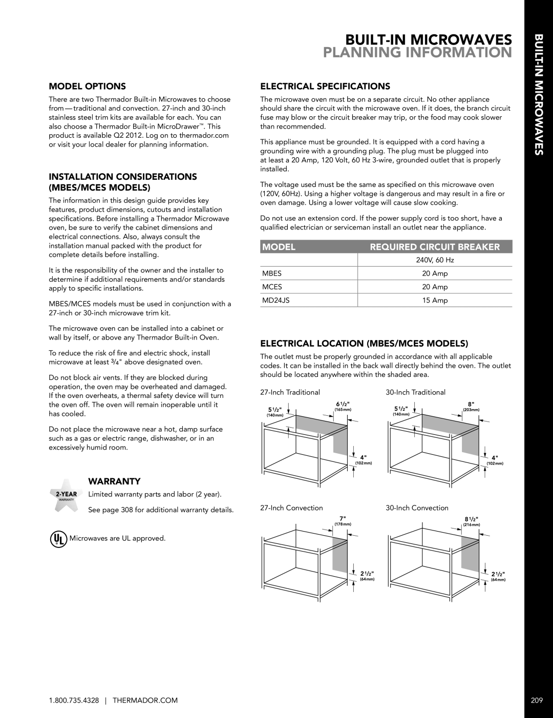 Thermador MD24JS BUILT-IN Microwaves Planning Information, Model Options Installation Considerations MBES/MCES Models 