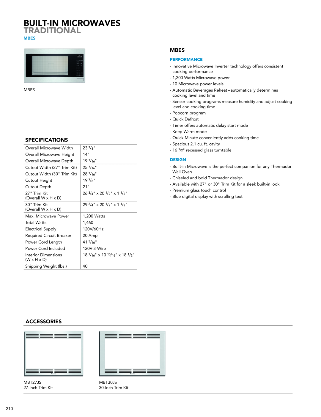 Thermador MD24JS manual Built-In Microwaves Traditional, Specifications, Accessories, Mbes, Performance, Design 