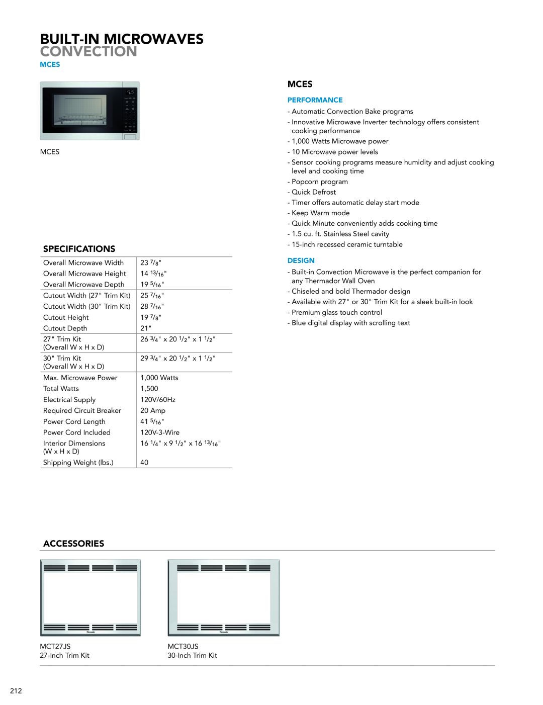 Thermador MD24JS manual Built-In Microwaves Convection, Mces, Specifications, Accessories, Performance, Design 