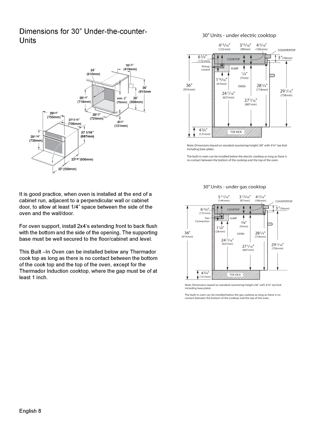 Thermador MEMCW271 installation manual Dimensions for 30 Under-the-counter 