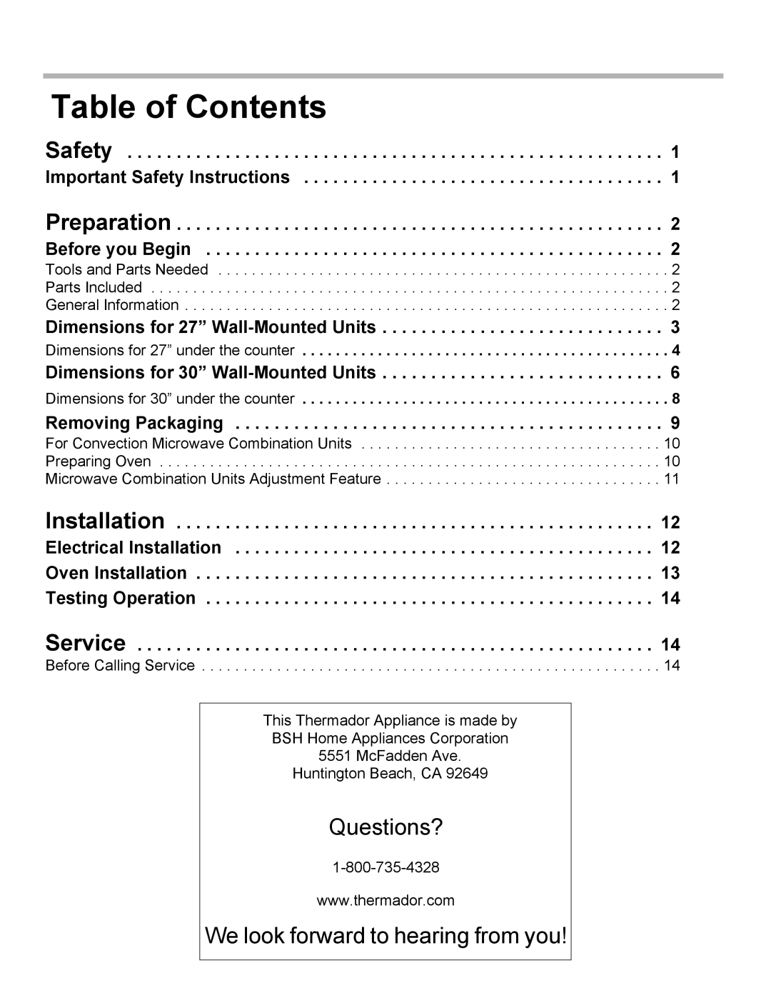 Thermador MEMCW271 installation manual Table of Contents 