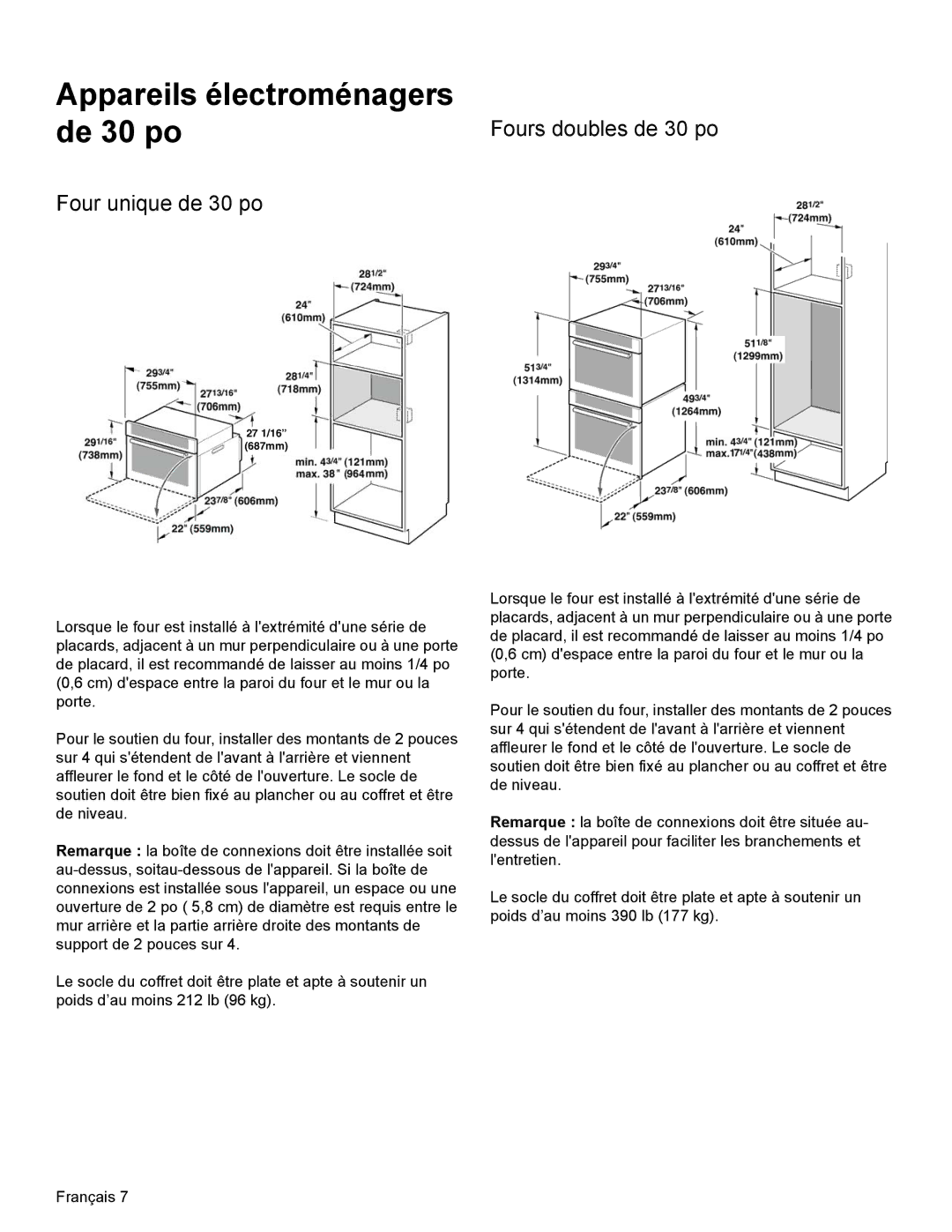 Thermador MEMCW271 installation manual Appareils électroménagers De 30 po, Four unique de 30 po 