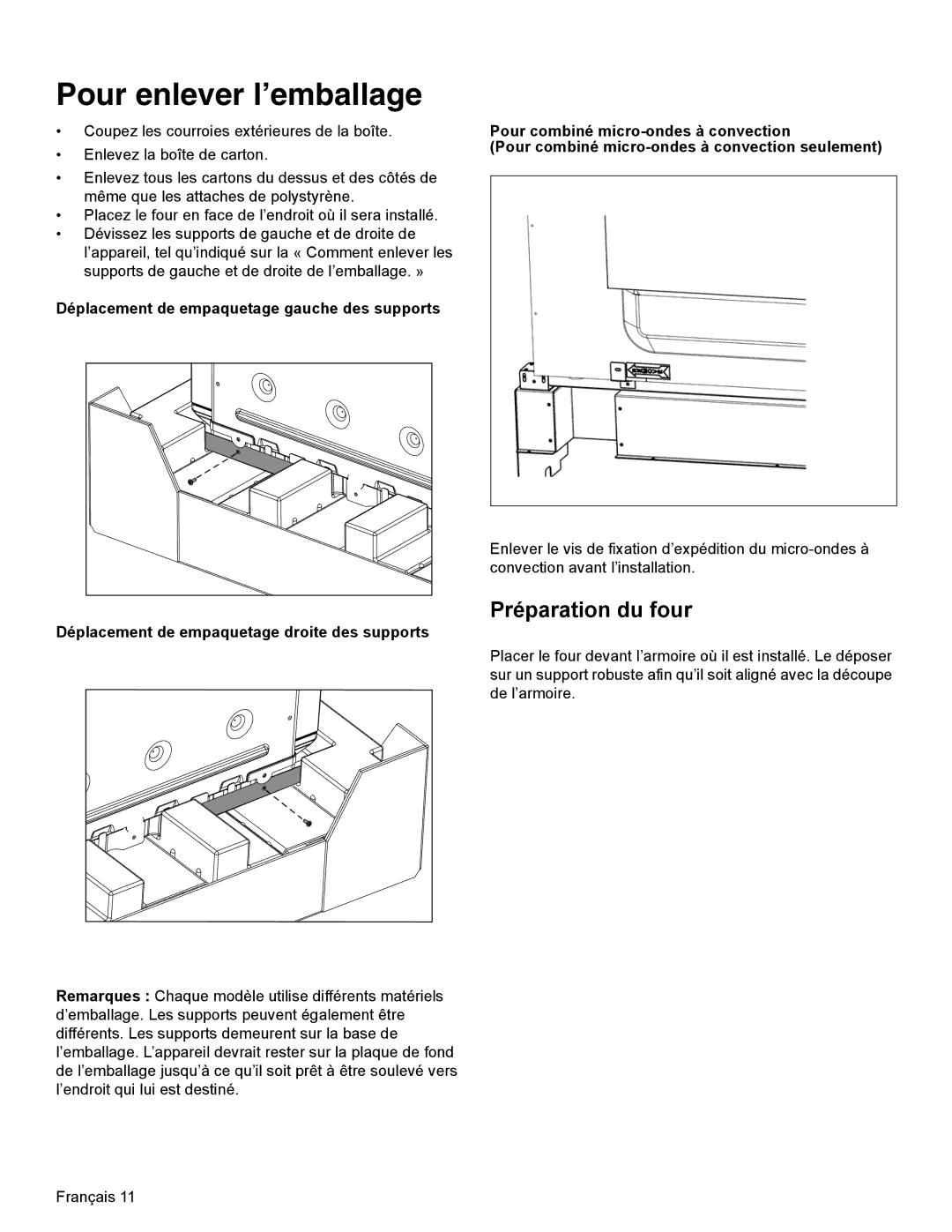 Thermador MEMCW271 Pour enlever l’emballage, Préparation du four, Déplacement de empaquetage droite des supports 