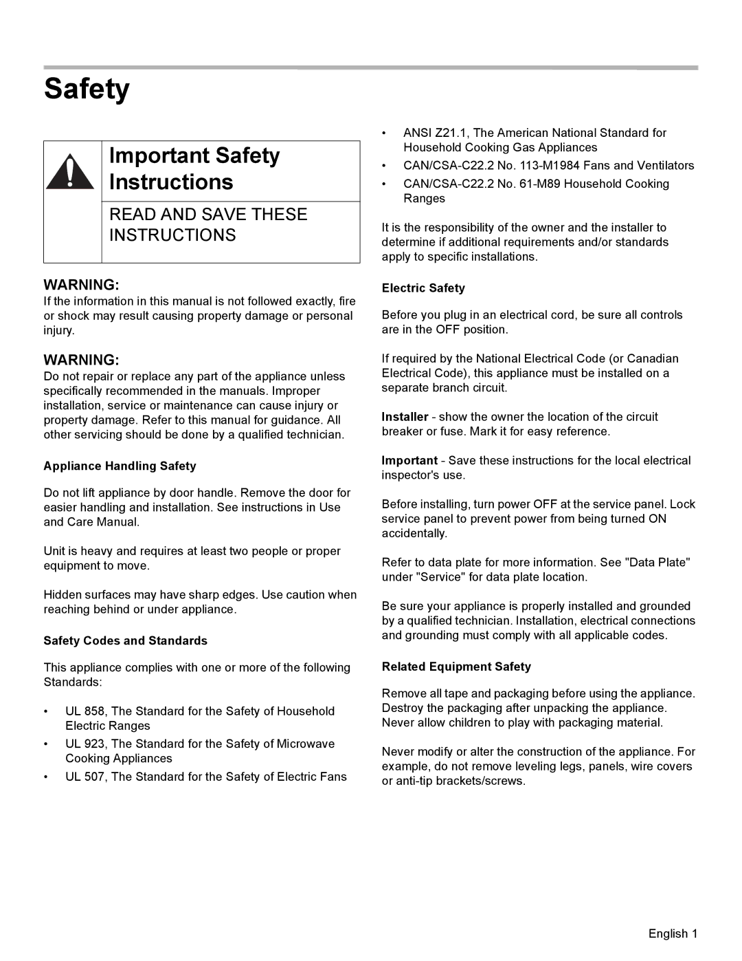 Thermador MEMCW271 installation manual Important Safety, Instructions 