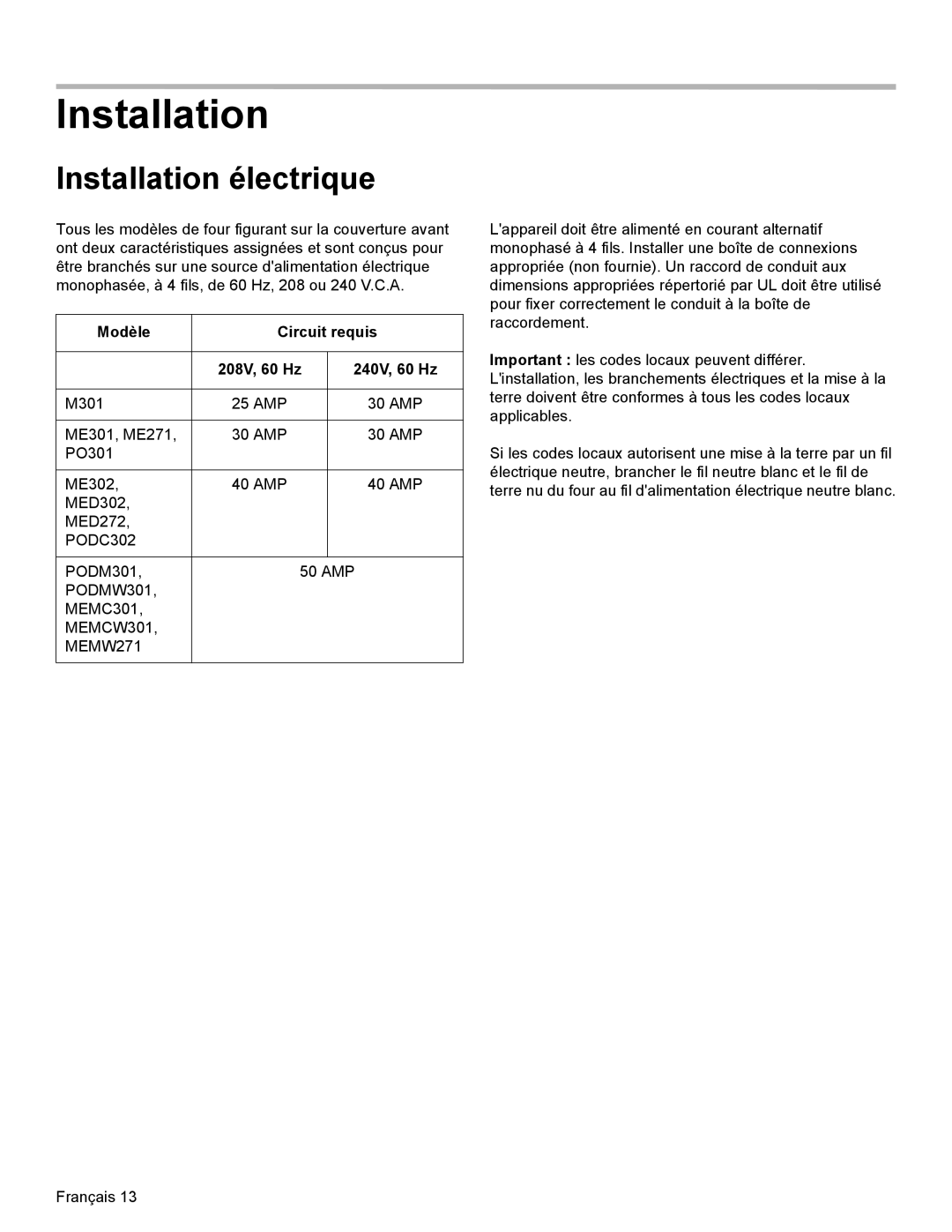 Thermador MEMCW271 installation manual Installation électrique, Modèle Circuit requis 208V, 60 Hz 240V, 60 Hz 