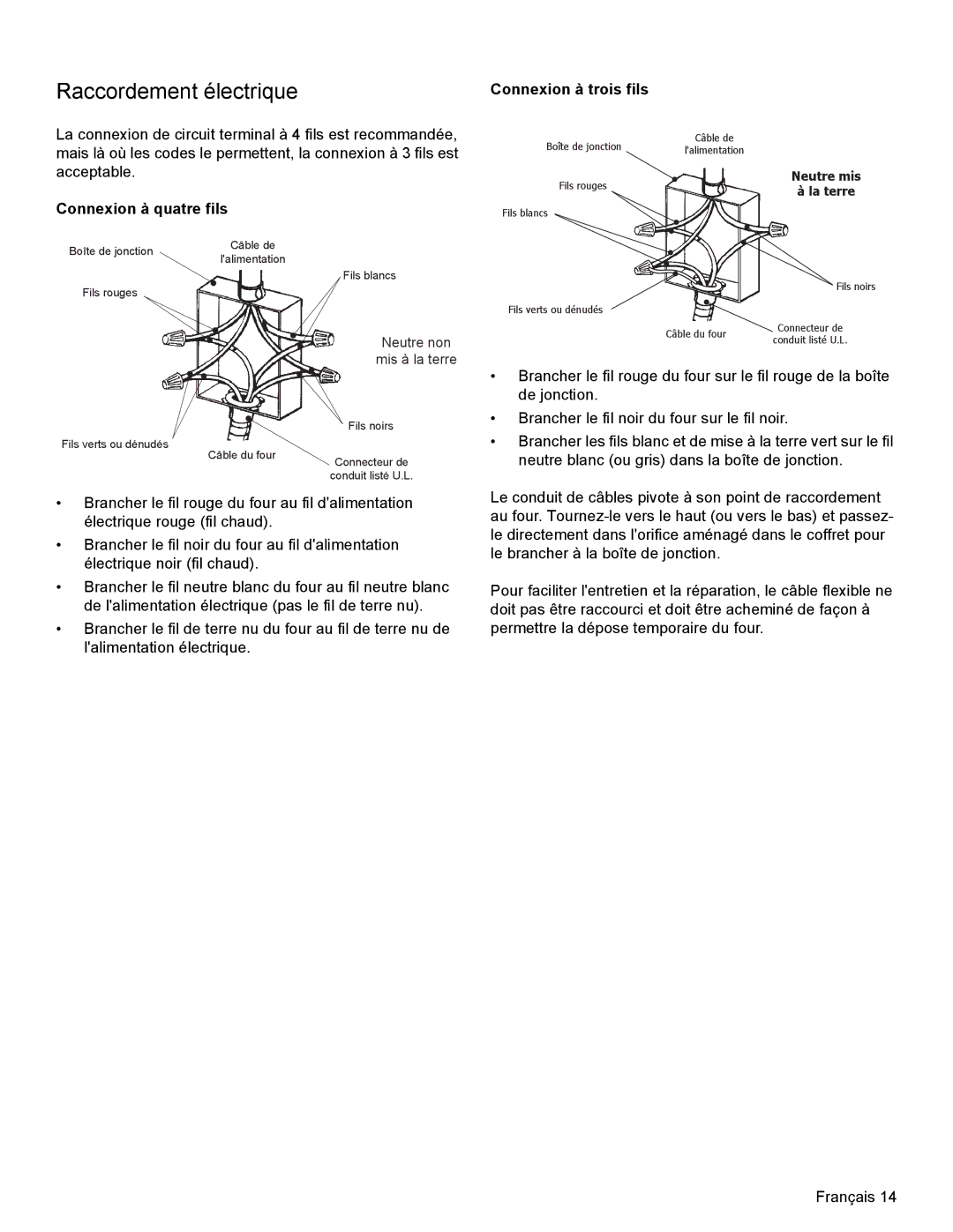 Thermador MEMCW271 installation manual Raccordement électrique, Connexion à quatre fils, Connexion à trois fils 