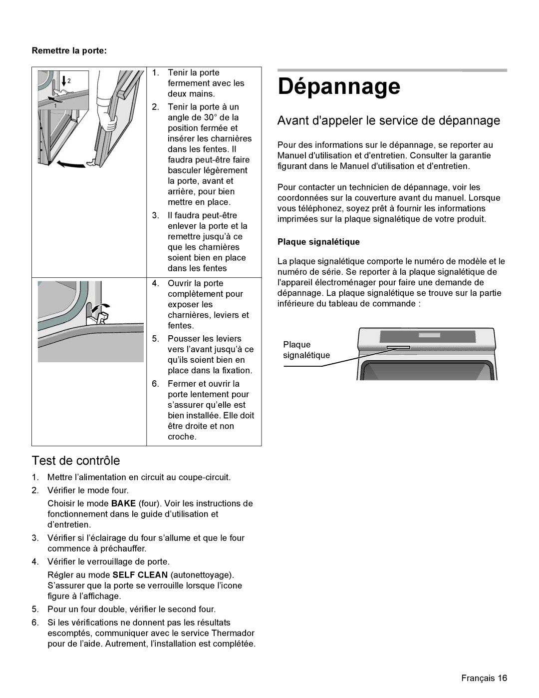 Thermador MEMCW271 Dépannage, Avant dappeler le service de dépannage, Remettre la porte, Plaque signalétique 