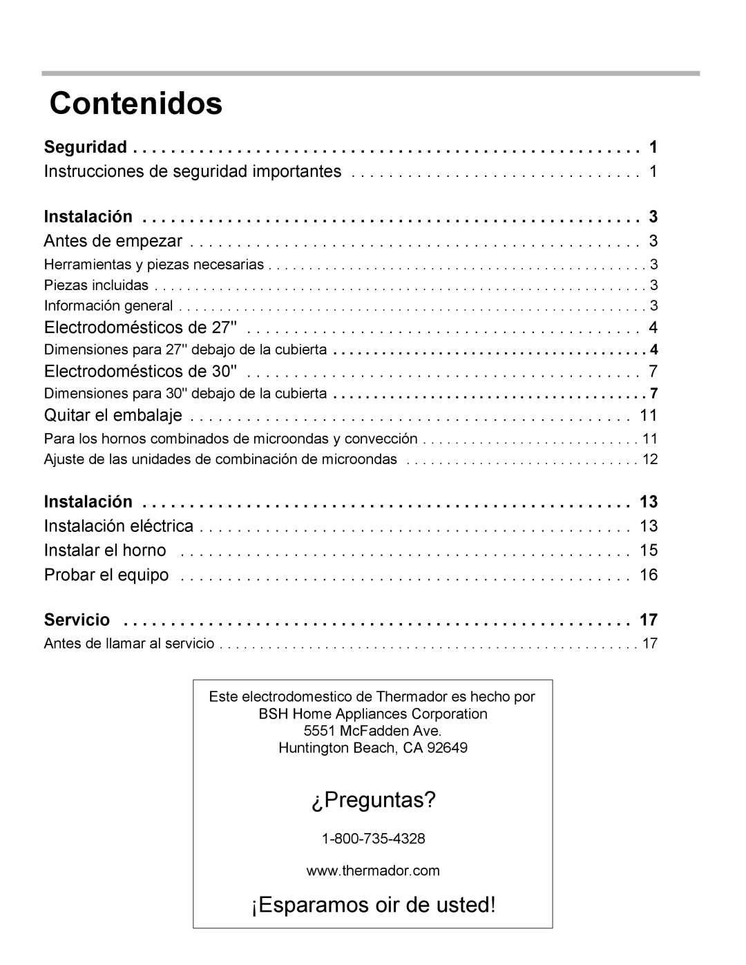 Thermador MEMCW271 installation manual Contenidos, Seguridad, Instalación, Servicio 