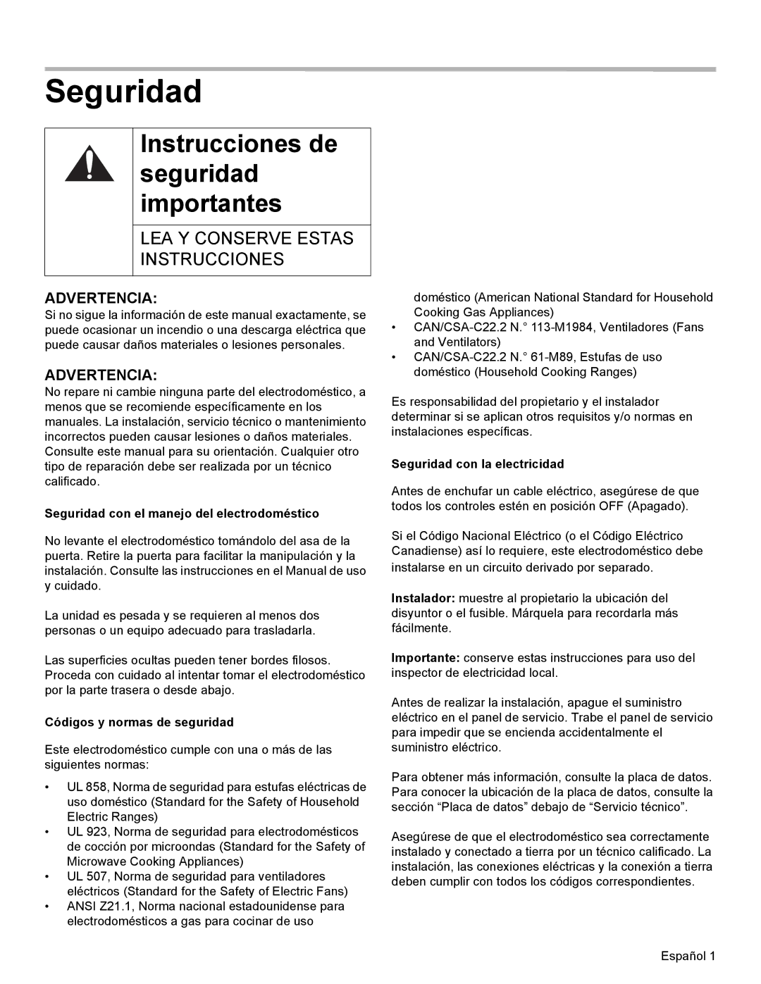 Thermador MEMCW271 installation manual Seguridad, Instrucciones de 