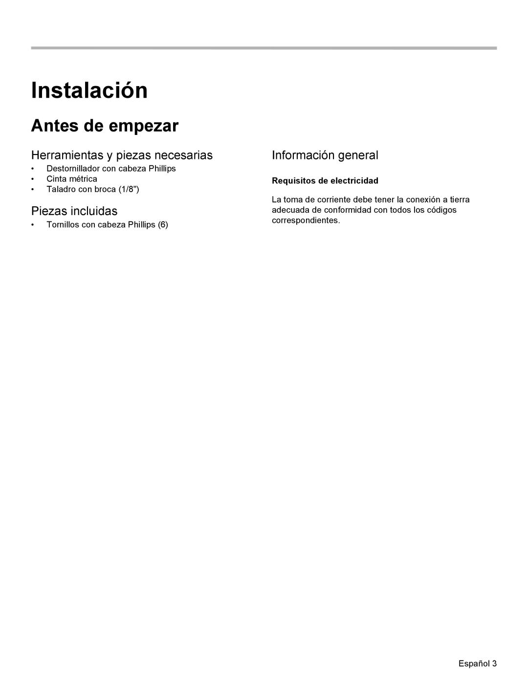 Thermador MEMCW271 Instalación, Antes de empezar, Herramientas y piezas necesarias, Piezas incluidas, Información general 