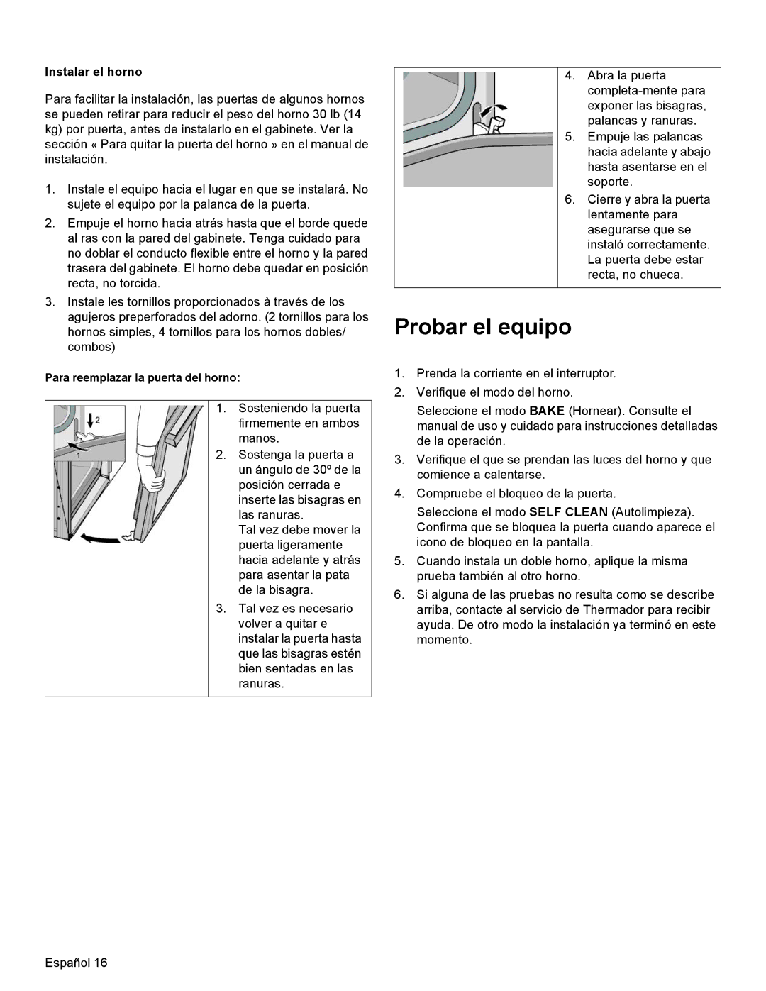 Thermador MEMCW271 installation manual Probar el equipo, Instalar el horno 