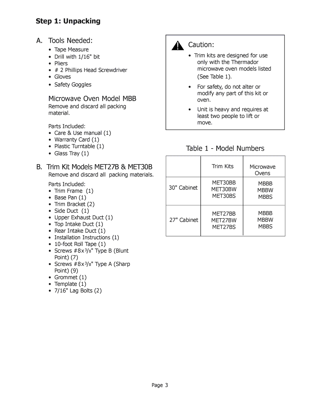 Thermador MET27B, MET30B Tools Needed, Microwave Oven Model MBB, Trim Kit Models MET27B & MET30B, Model Numbers 