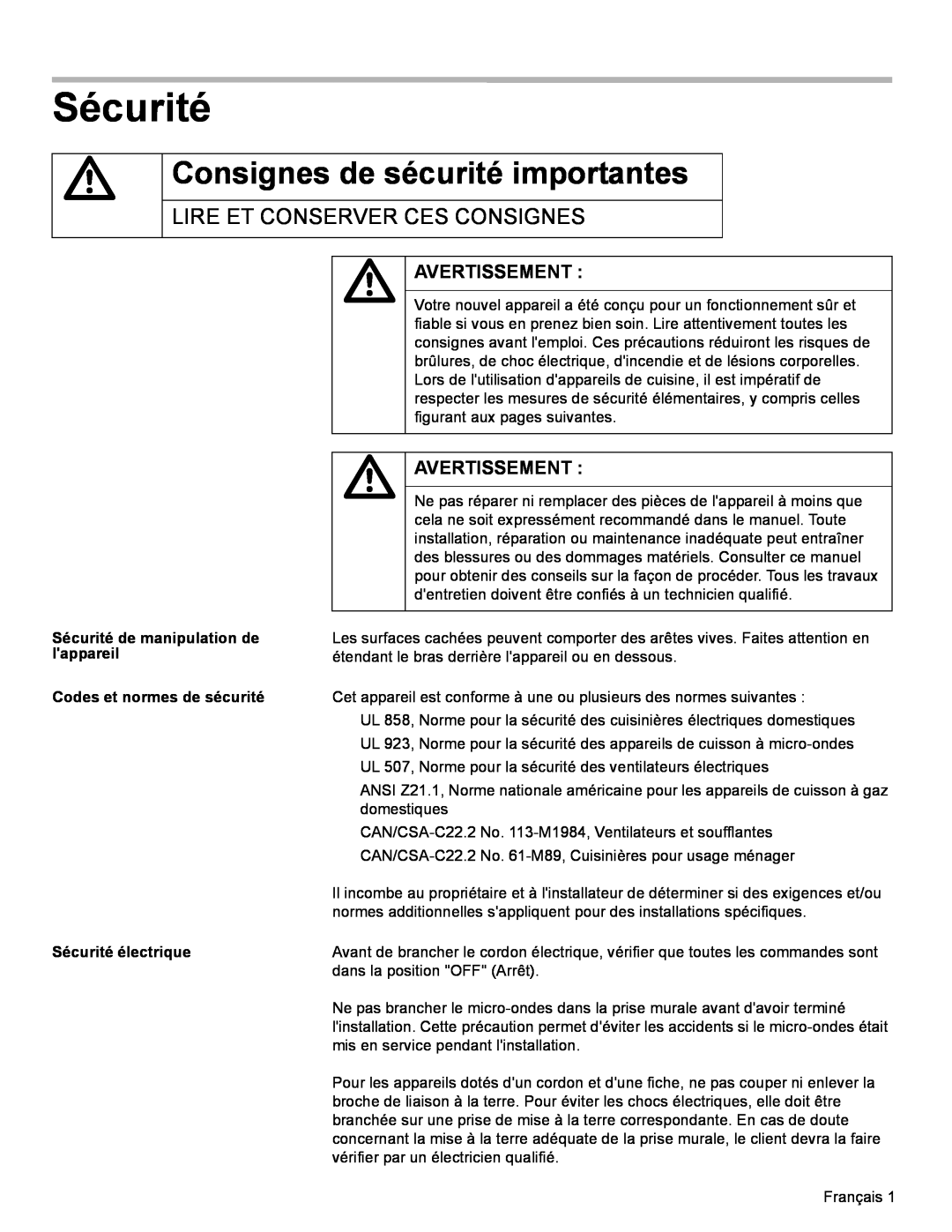 Thermador MET27E, MET30E Avertissement, Sécurité de manipulation de, lappareil, Codes et normes de sécurité 