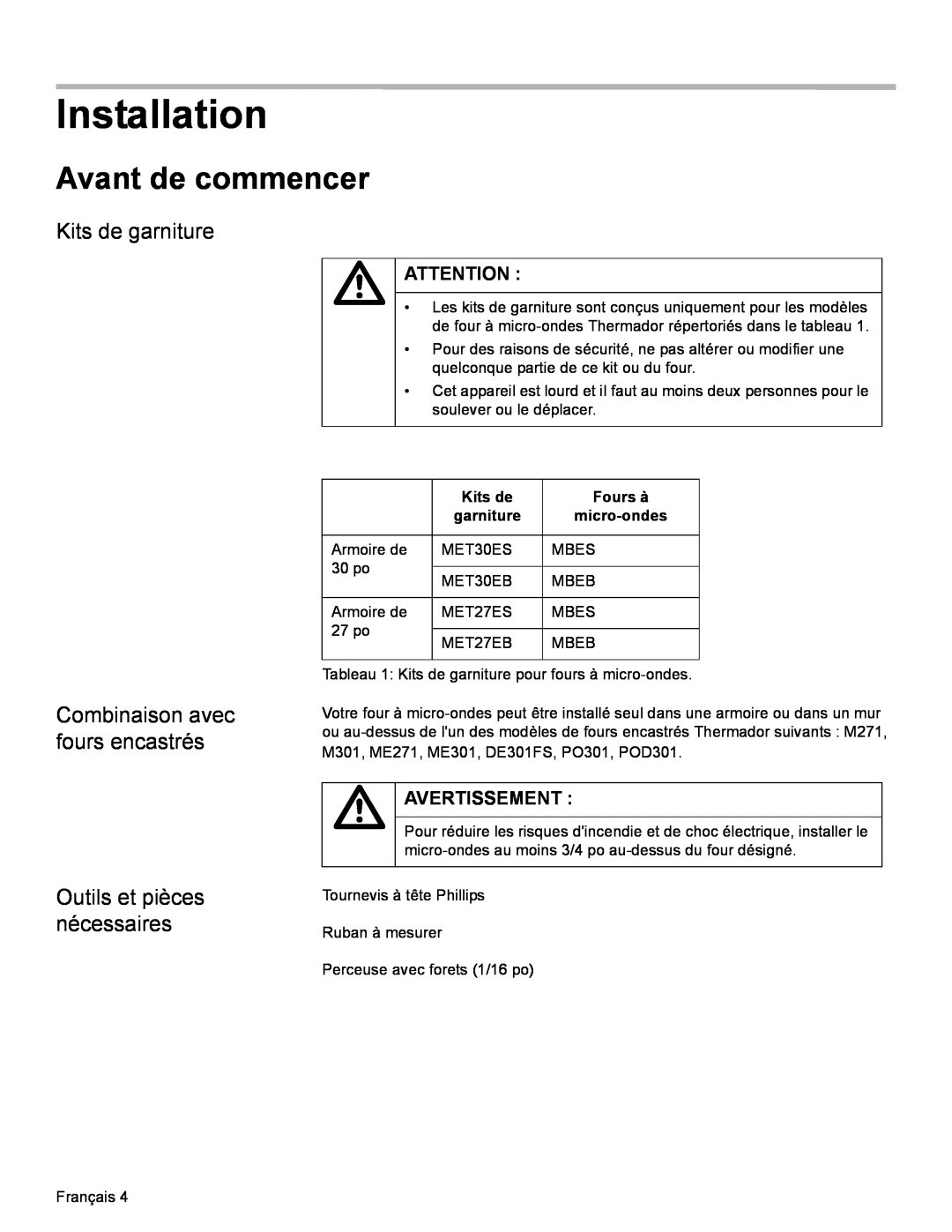 Thermador MET30E, MET27E installation manual Installation, m AVERTISSEMENT, Kits de, Fours à, garniture, micro-ondes 