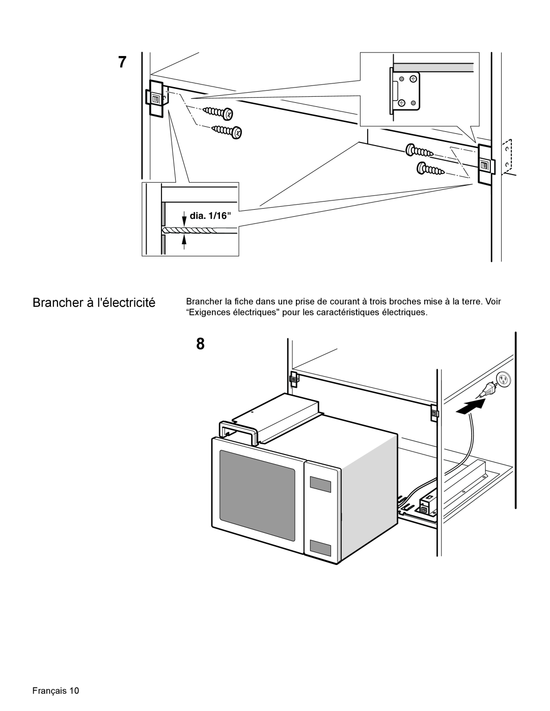 Thermador MET30E, MET27E installation manual Brancher à lélectricité, dia. 1/16, Français 