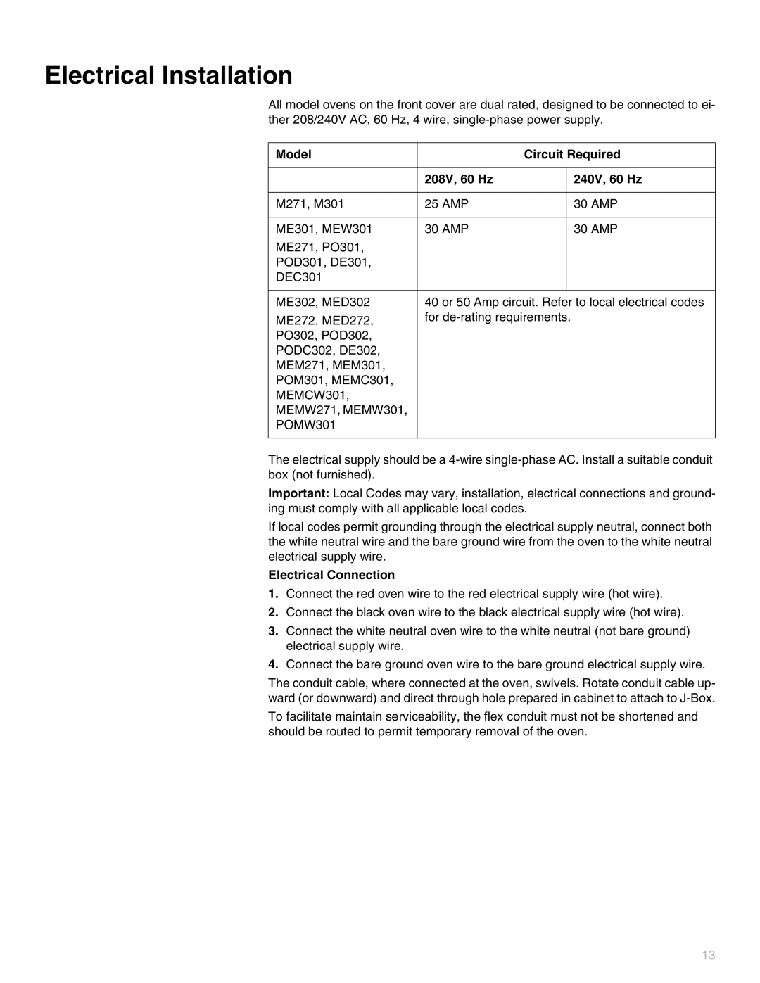 Thermador PODC302, MEW301 Electrical Installation, Model Circuit Required 208V, 60 Hz 240V, 60 Hz, Electrical Connection 