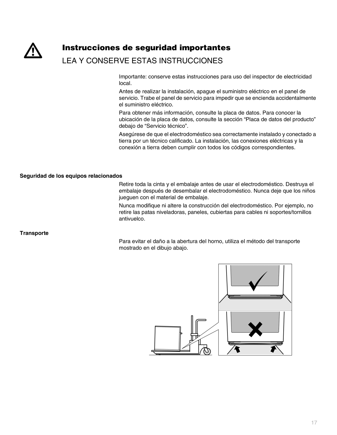 Thermador POMW301, MEW301, MEMW301, MEM271, MEM301, MED272, MEMC301, MEMW271 Seguridad de los equipos relacionados, Transporte 