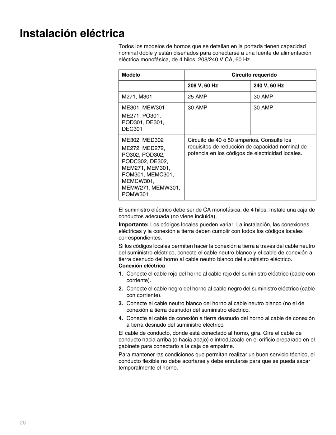 Thermador MED272, MEW301 Instalación eléctrica, Modelo Circuito requerido 208 V, 60 Hz 240 V, 60 Hz, Conexión eléctrica 