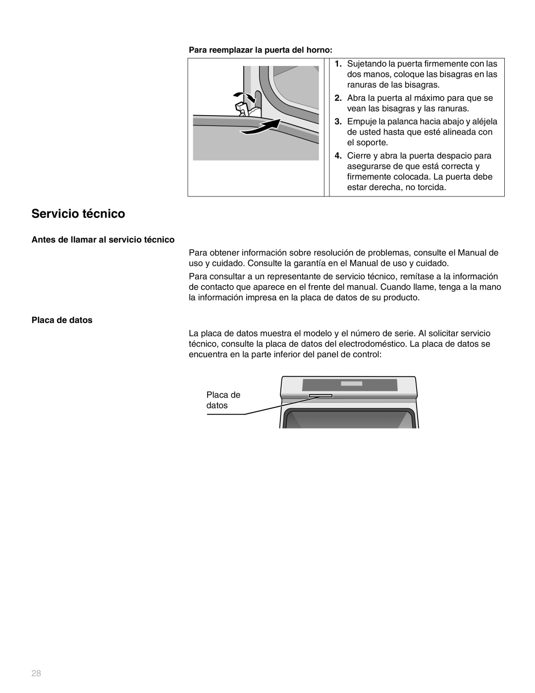 Thermador MEMW271, MEW301, PO301 Servicio técnico, Para reemplazar la puerta del horno, Antes de llamar al servicio técnico 