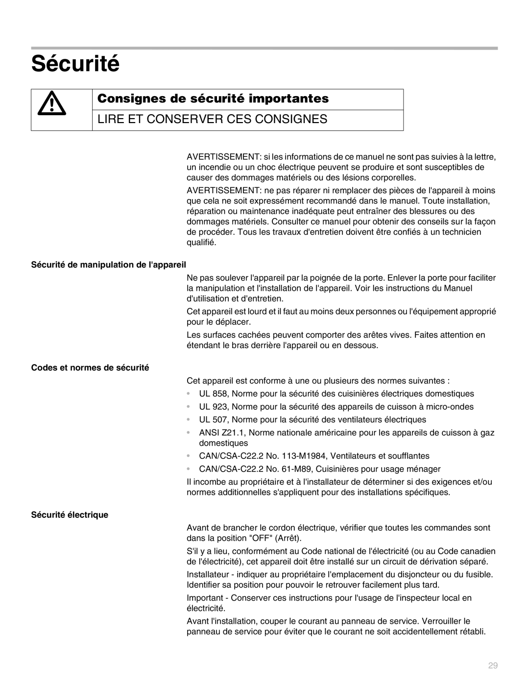 Thermador PO301 Consignes de sécurité importantes, Sécurité de manipulation de lappareil, Codes et normes de sécurité 