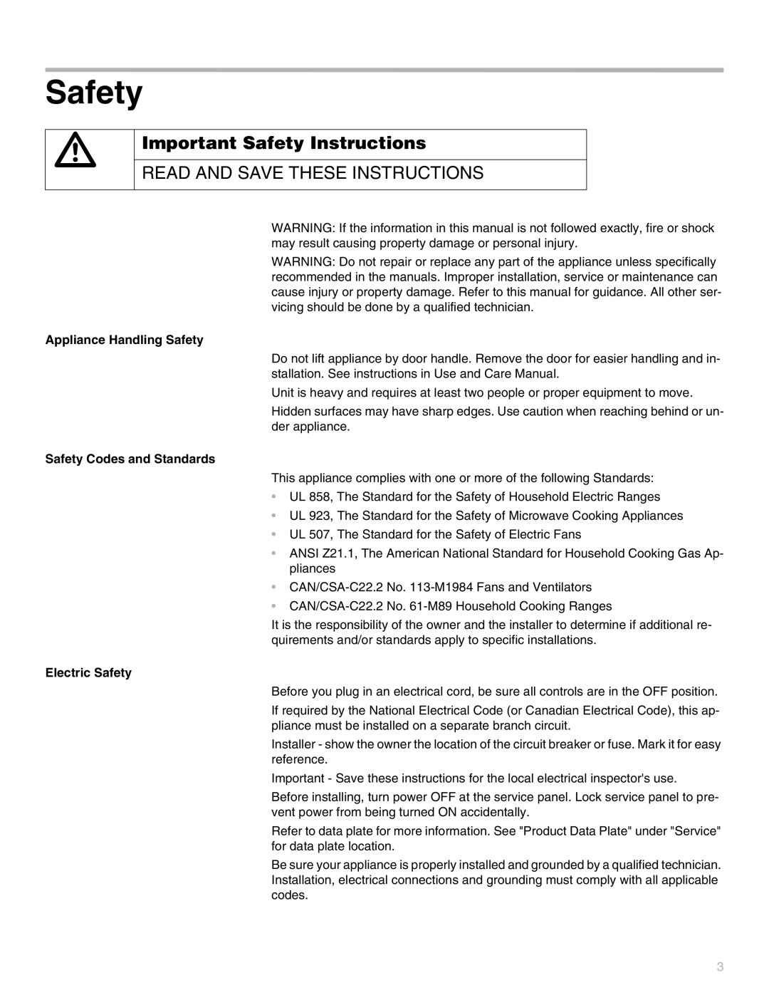 Thermador MEM301 Important Safety Instructions, Appliance Handling Safety, Safety Codes and Standards, Electric Safety 