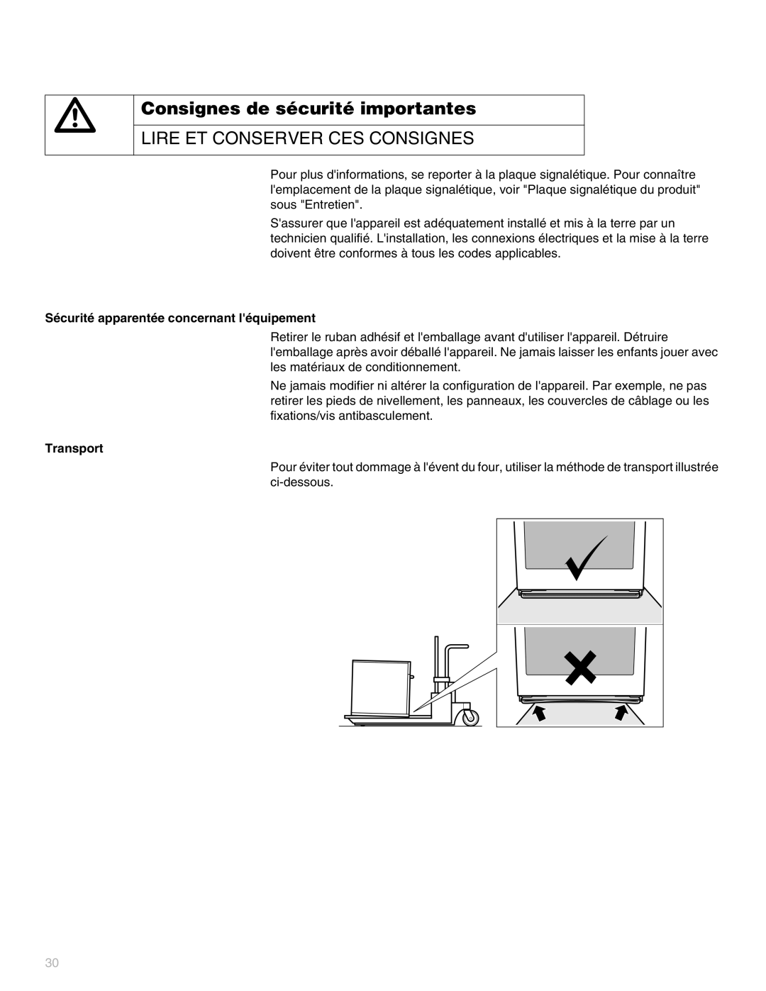 Thermador ME302, MEW301, MEMW301, MEM271, MEM301, MED272, MEMC301, MEMW271 Sécurité apparentée concernant léquipement, Transport 