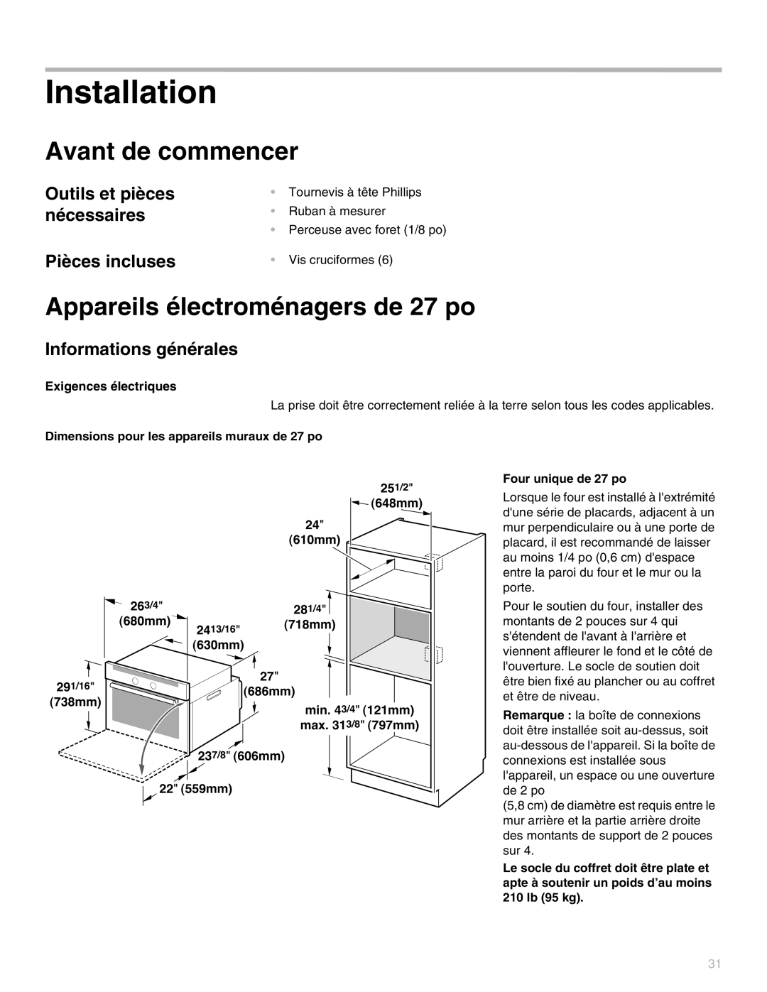 Thermador MEMCW301 Avant de commencer, Appareils électroménagers de 27 po, Outils et pièces nécessaires Pièces incluses 