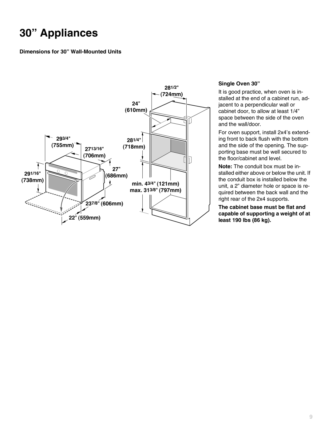 Thermador MEMCW301, MEW301, MEMW301, MEM271, MEM301, MED272, PO301 Appliances, Dimensions for 30 Wall-Mounted Units Single Oven 