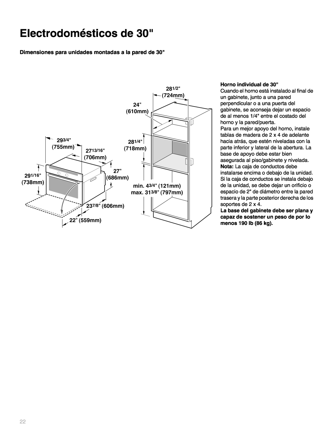 Thermador MEW301, MEMW301, M271 Electrodomésticos de, Dimensiones para unidades montadas a la pared de, Horno individual de 