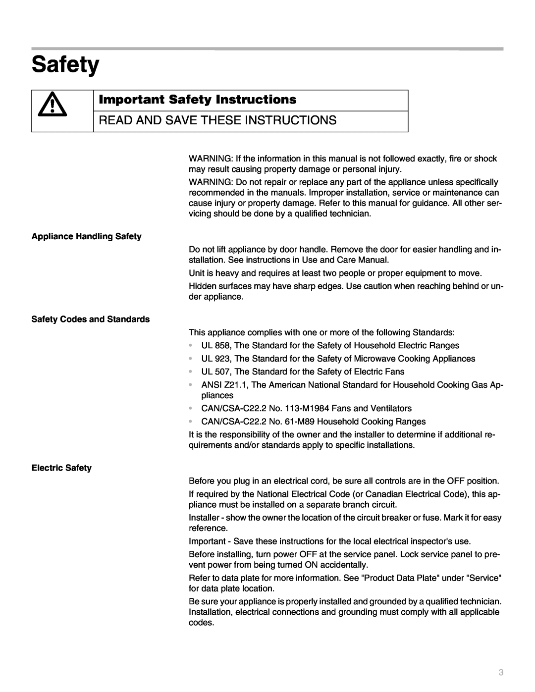 Thermador MEM301, MEW301 Important Safety Instructions, Read And Save These Instructions, Appliance Handling Safety 