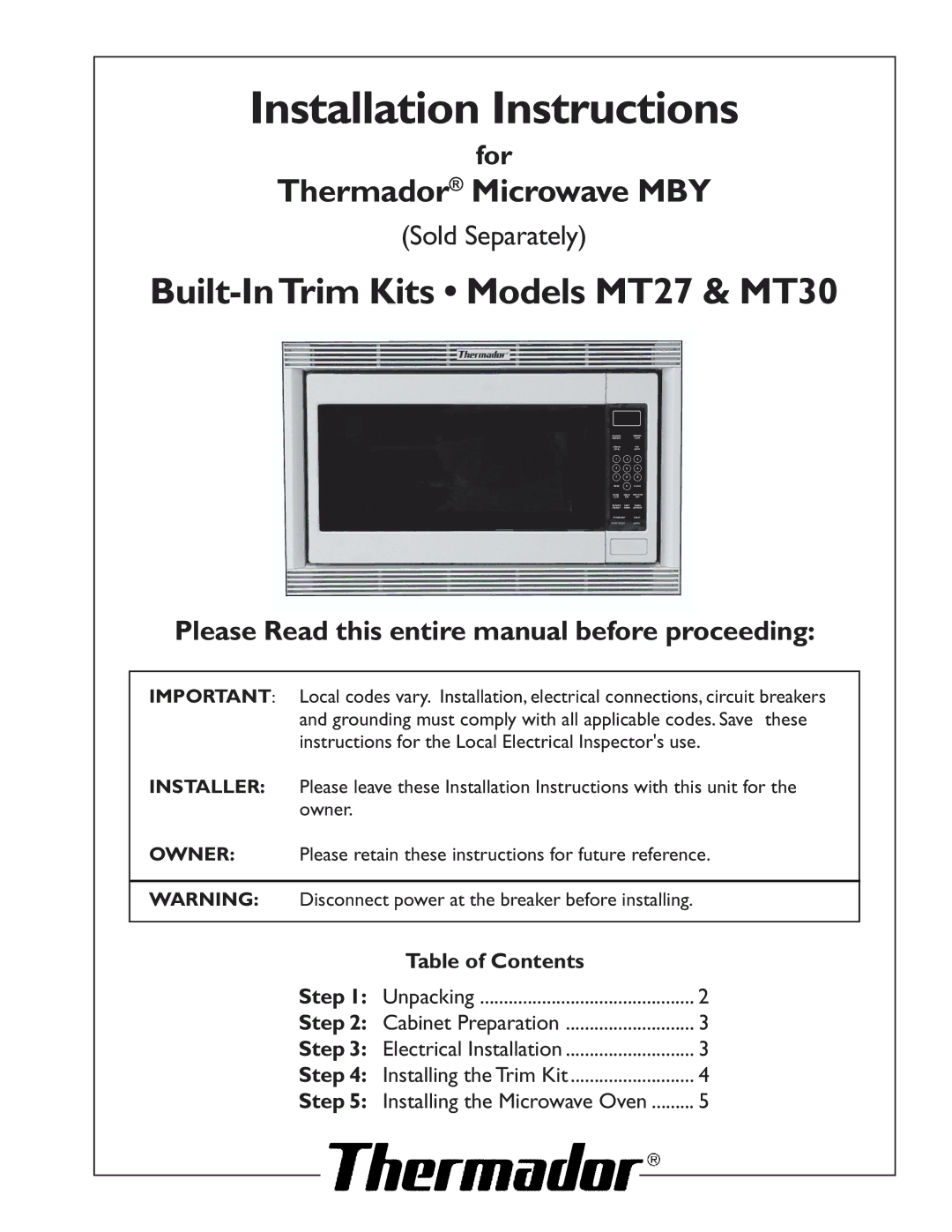 Thermador MT30 installation instructions For, Please Read this entire manual before proceeding, Table of Contents 