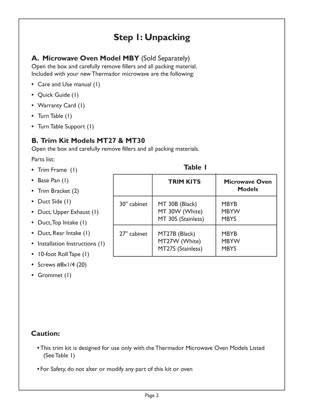 Thermador MT27, MBY Unpacking, Microwave Oven Model MBY Sold Separately, Trim Kit Models MT27 & MT30 