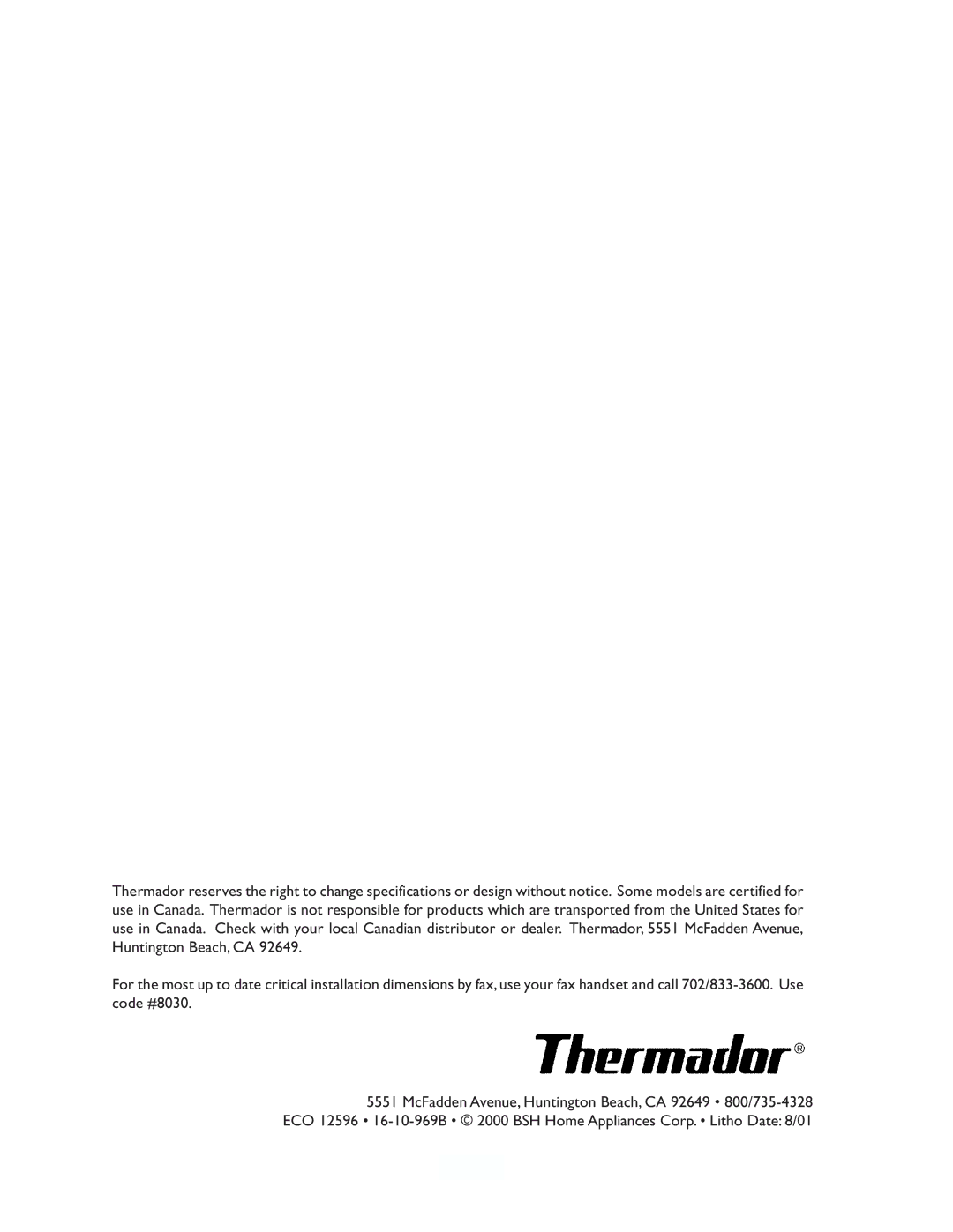 Thermador MT27, MBY, MT30 installation instructions 