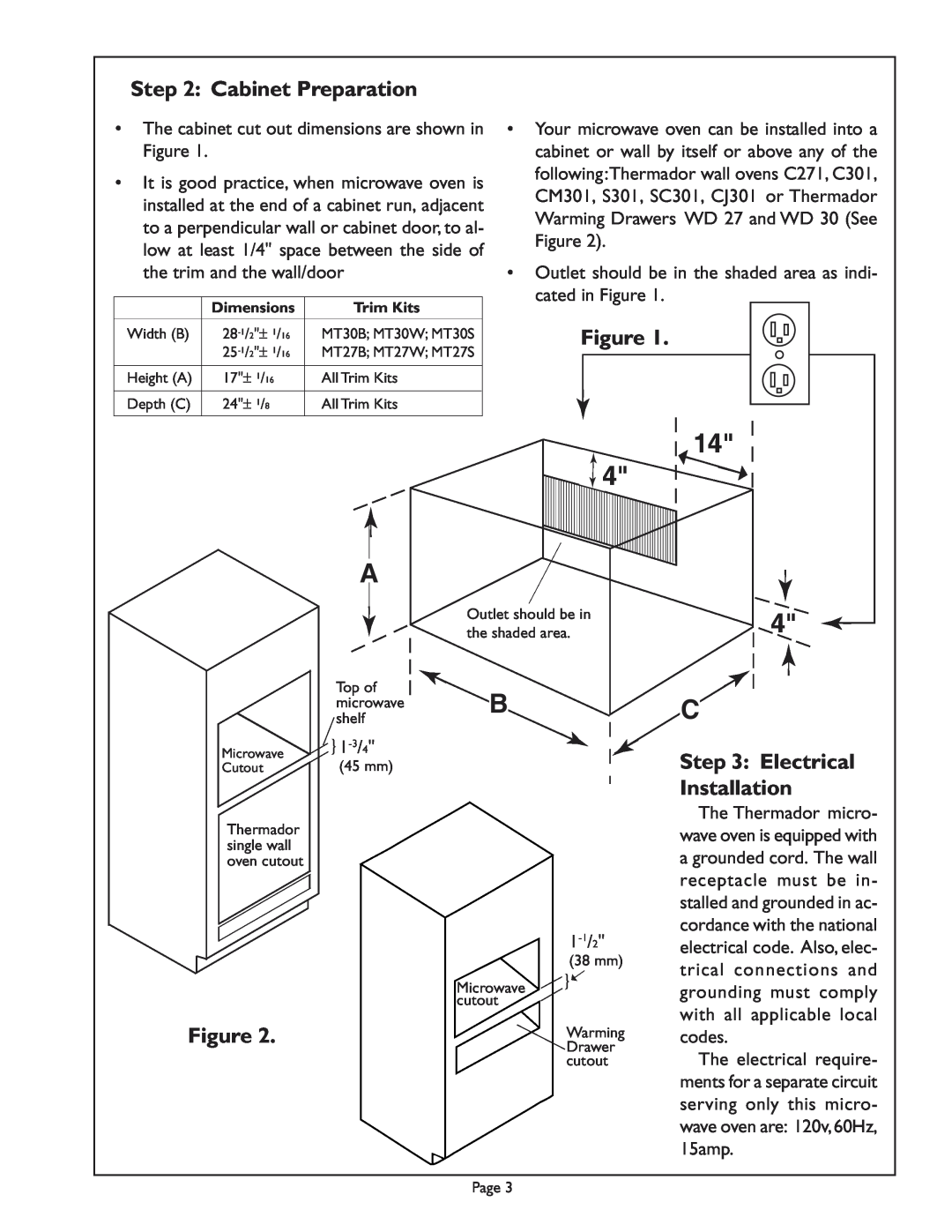Thermador MT30, MT27, MBY installation instructions Cabinet Preparation, Electrical Installation 