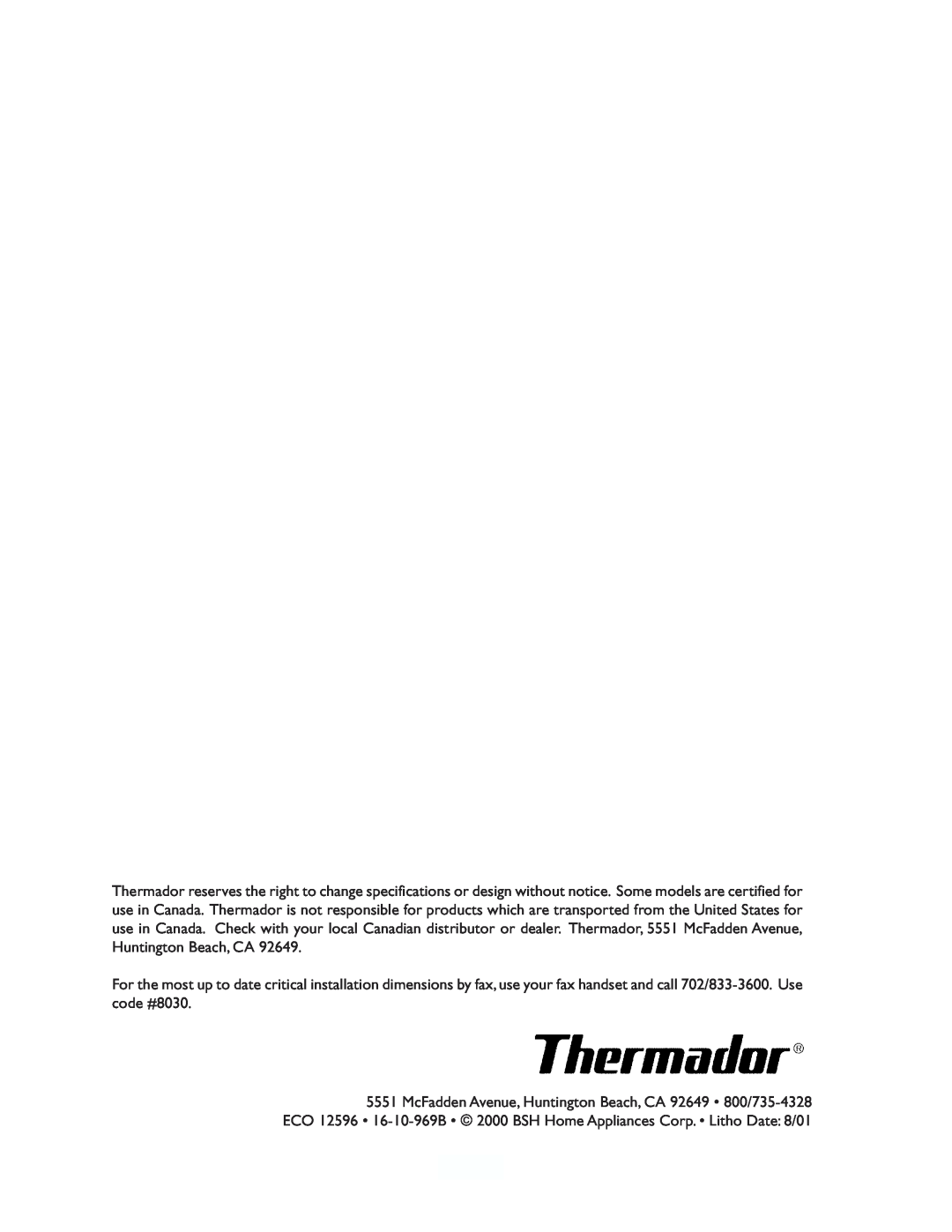 Thermador MT27, MBY, MT30 installation instructions 