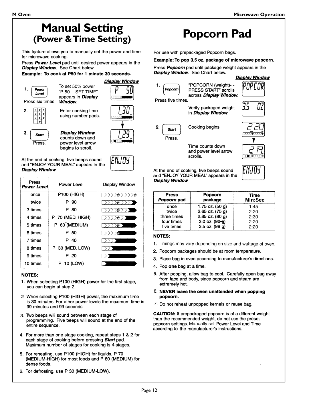 Thermador MT27 manual Manual Setting, Popcorn Pad 