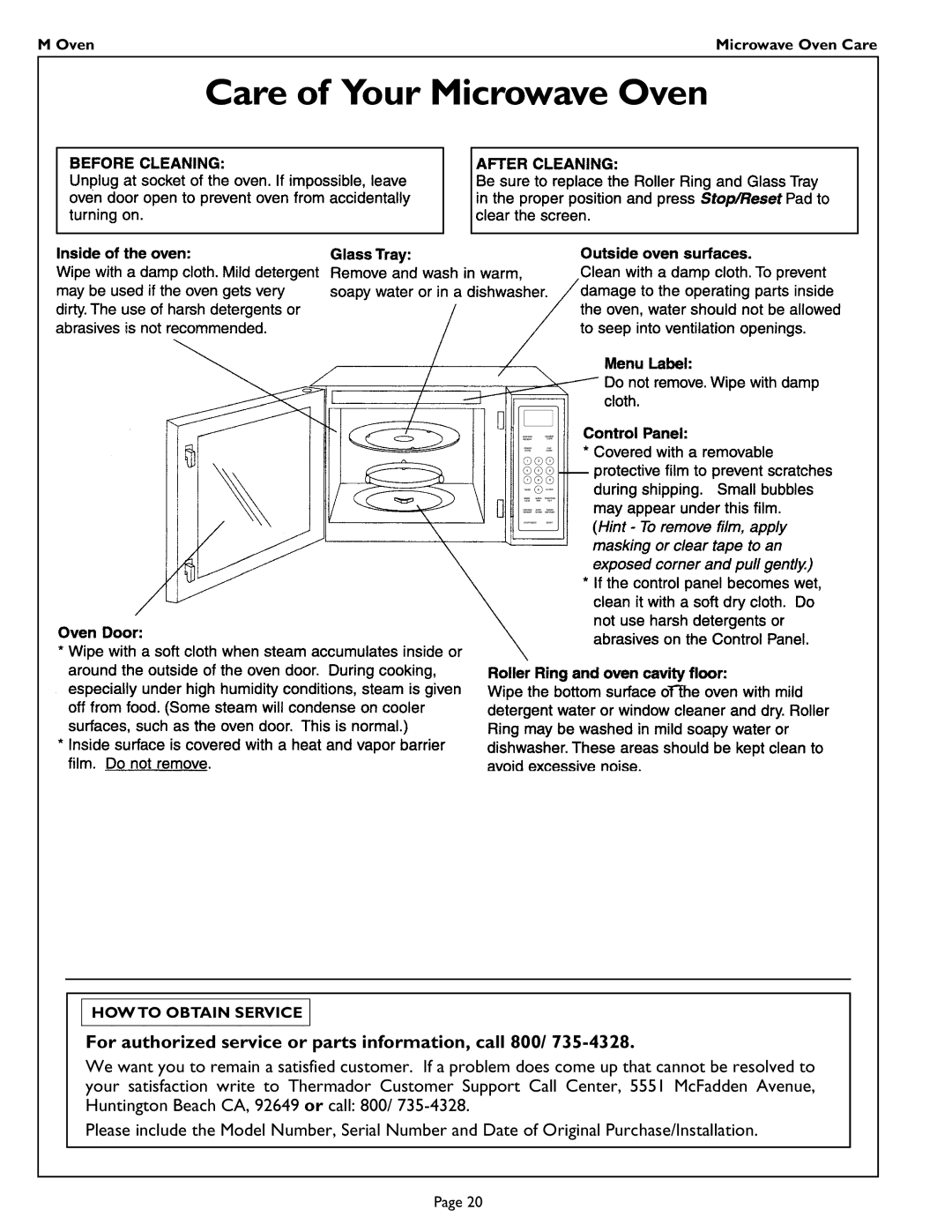 Thermador MT27 manual Care of Your Microwave Oven, For authorized service or parts information, call 800 