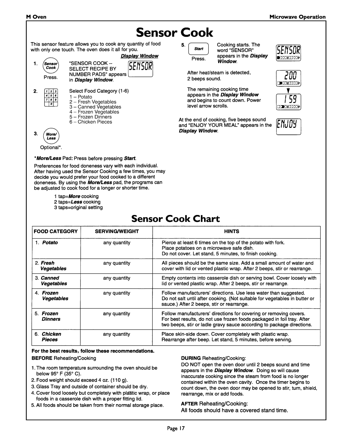 Thermador MT27 manual Sensor Cook Chart, M Oven, Microwave Operation 