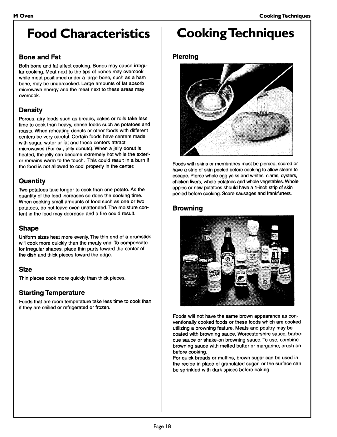 Thermador MT27 manual Food Characteristics, CookingTechniques, M Oven, Cooking Techniques 