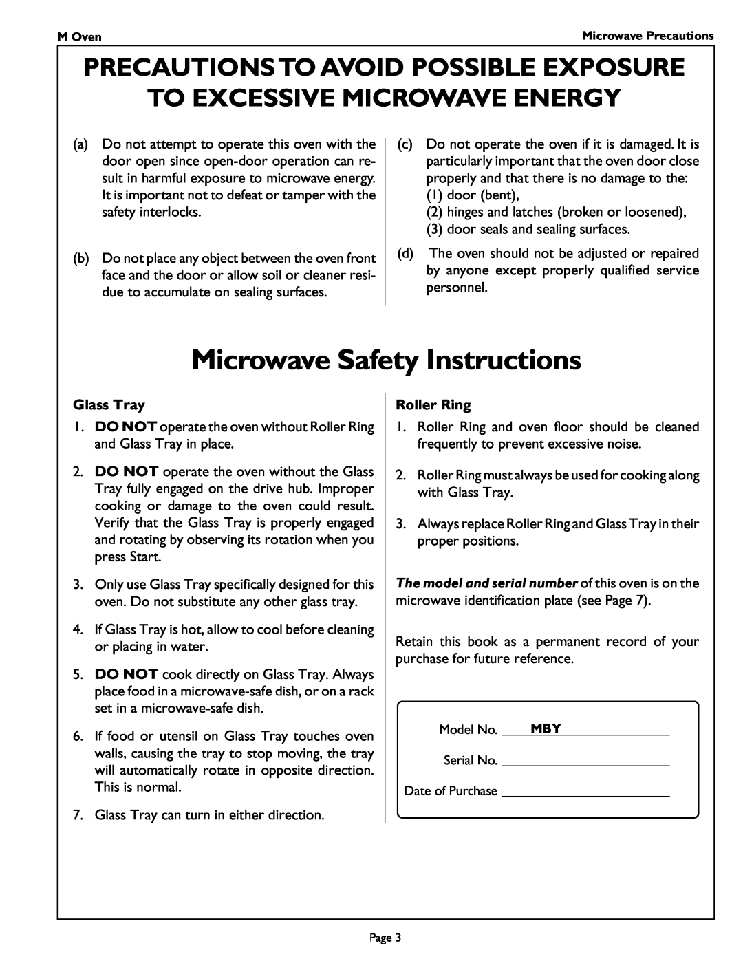 Thermador MT27 manual Microwave Safety Instructions, Glass Tray, Roller Ring 