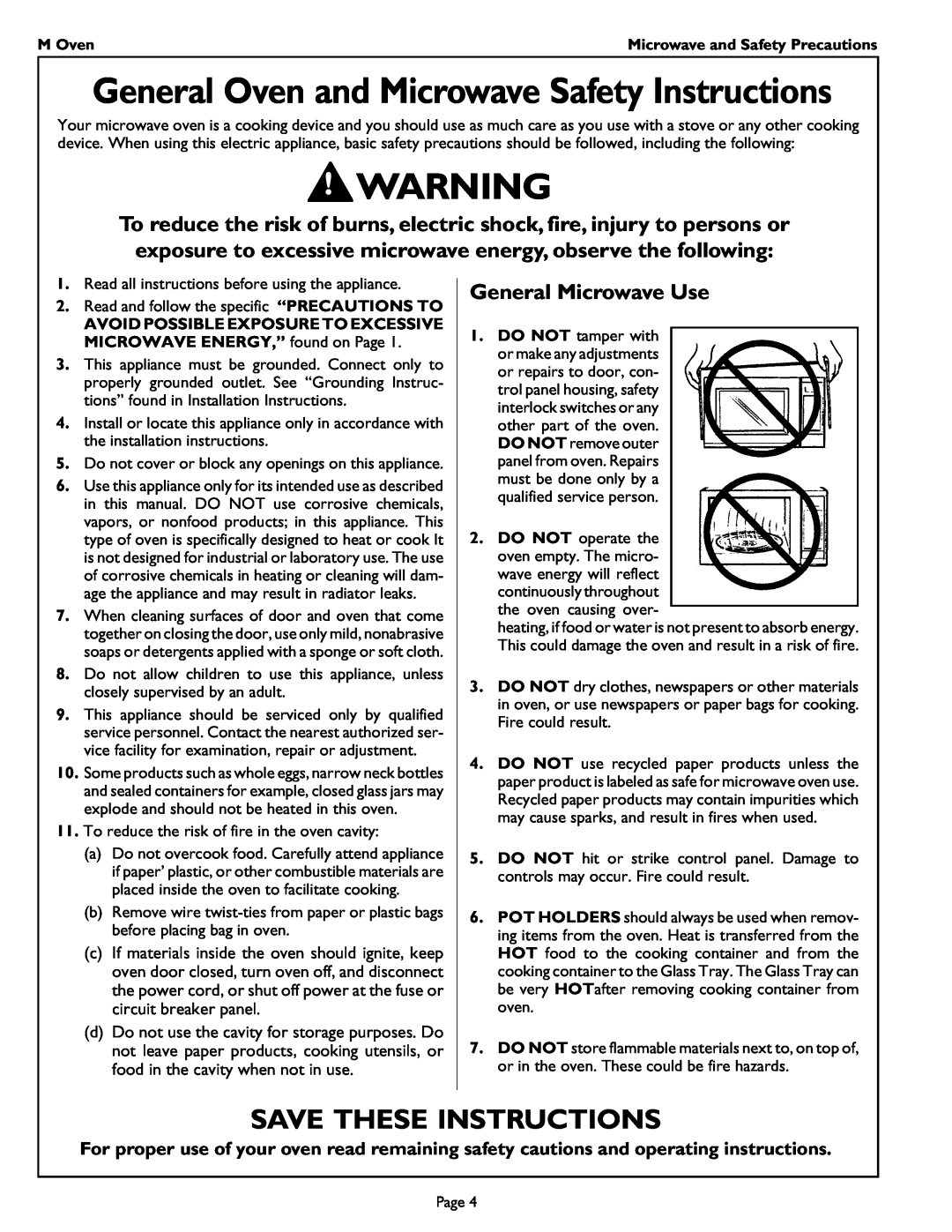 Thermador MT27 manual Save These Instructions, General Microwave Use, General Oven and Microwave Safety Instructions 