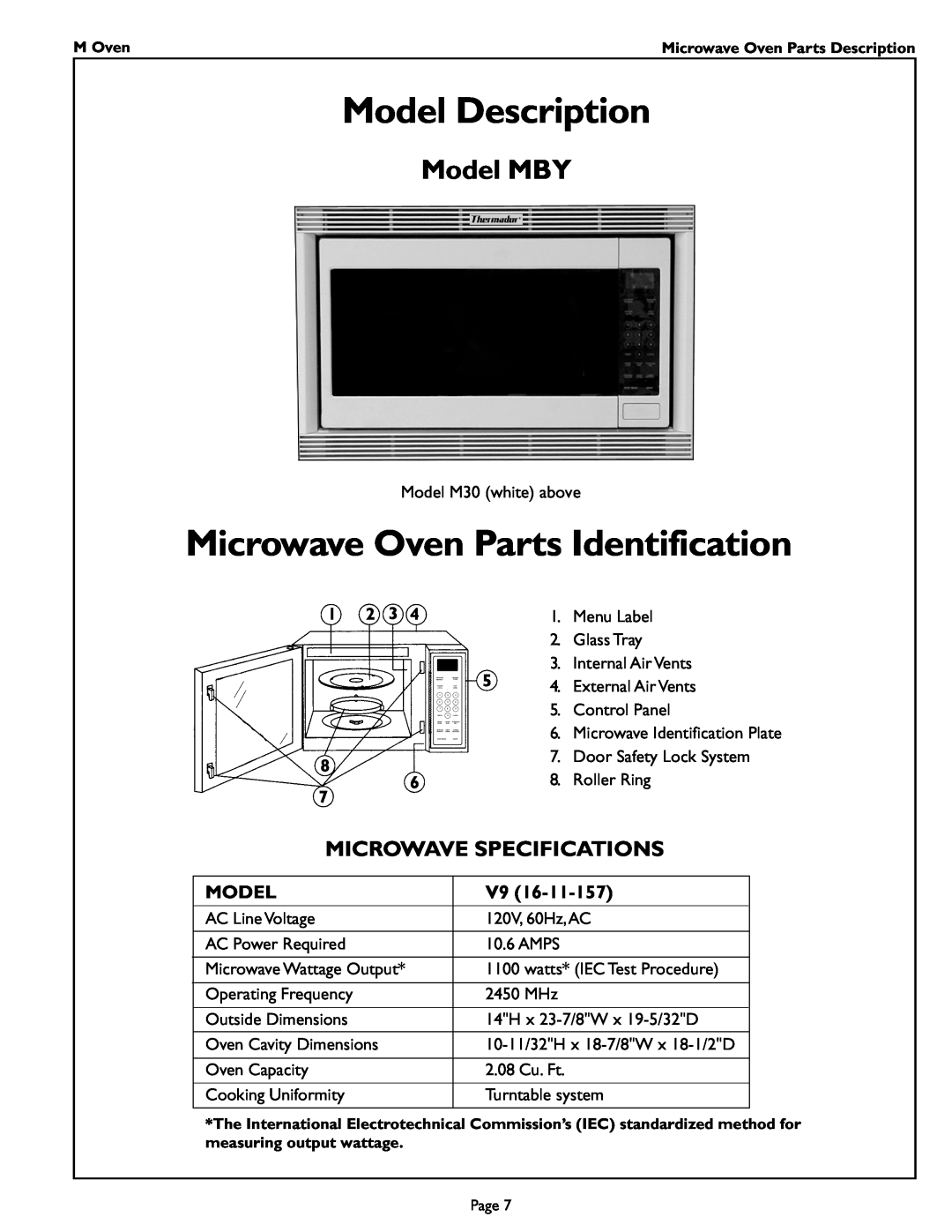 Thermador MT27 manual Model Description, Microwave Oven Parts Identification, Model MBY, Microwave Specifications 