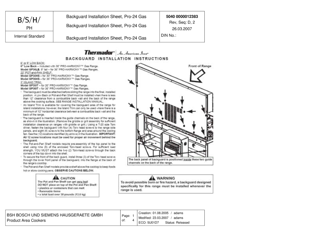 Thermador P24 manual Backguard Installation Sheet, Pro-24 Gas 