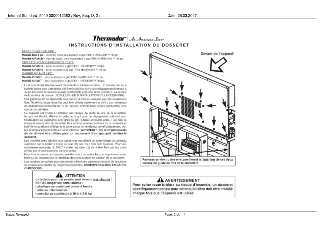 Thermador P24 manual Internal Standard 5040 0000012383 / Rev, Seq D Date 