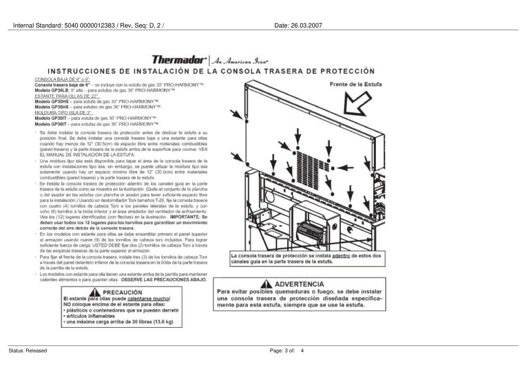 Thermador P24 manual Internal Standard 5040 0000012383 / Rev, Seq D Date 