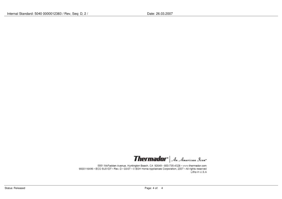 Thermador P24 manual Internal Standard 5040 0000012383 / Rev, Seq D Date 