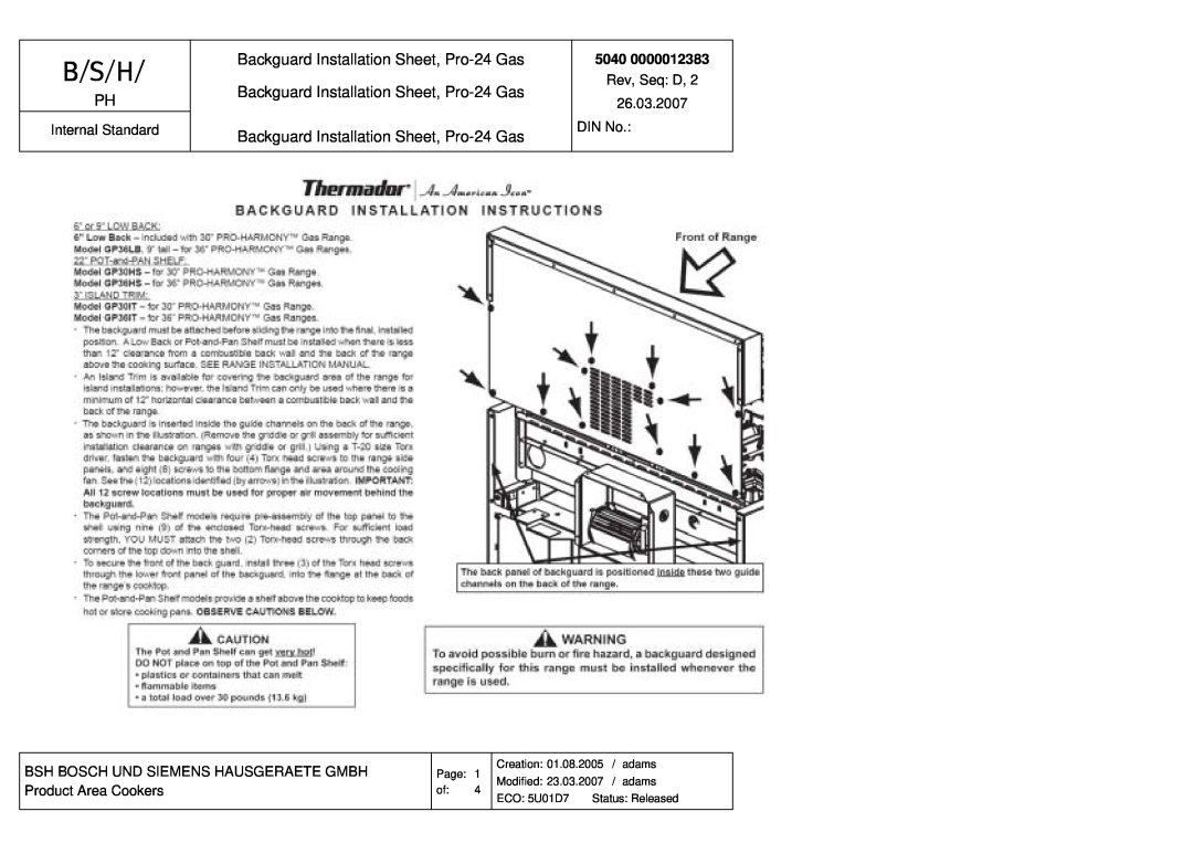 Thermador P24 manual Rev, Seq D, 26.03.2007, Internal Standard, DIN No, Bsh Bosch Und Siemens Hausgeraete Gmbh, Page, 5040 