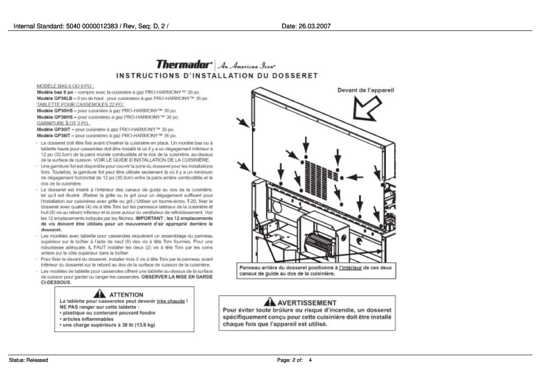 Thermador P24 manual Internal Standard 5040 0000012383 / Rev, Seq D, Date, Status Released, Page 2 of 