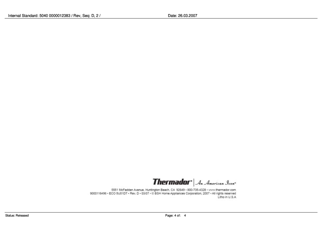 Thermador P24 manual Page 4 of, Internal Standard 5040 0000012383 / Rev, Seq D, Date, Status Released 